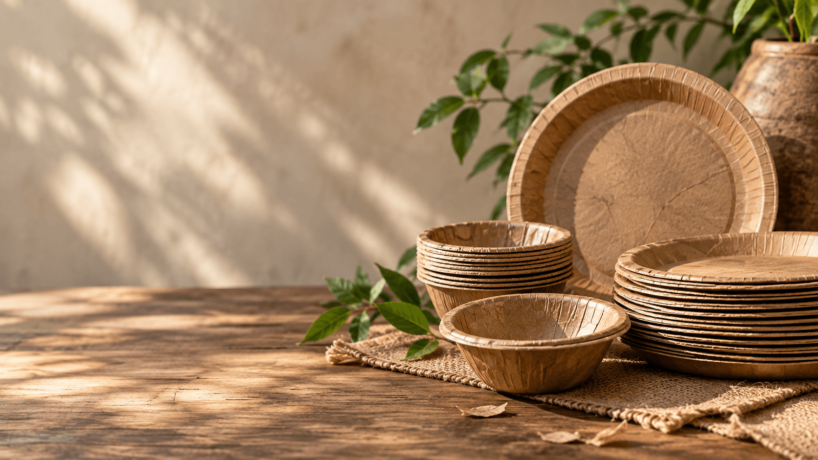 Paper dona and pattal tableware stacked on a rustic wooden table with green leaves